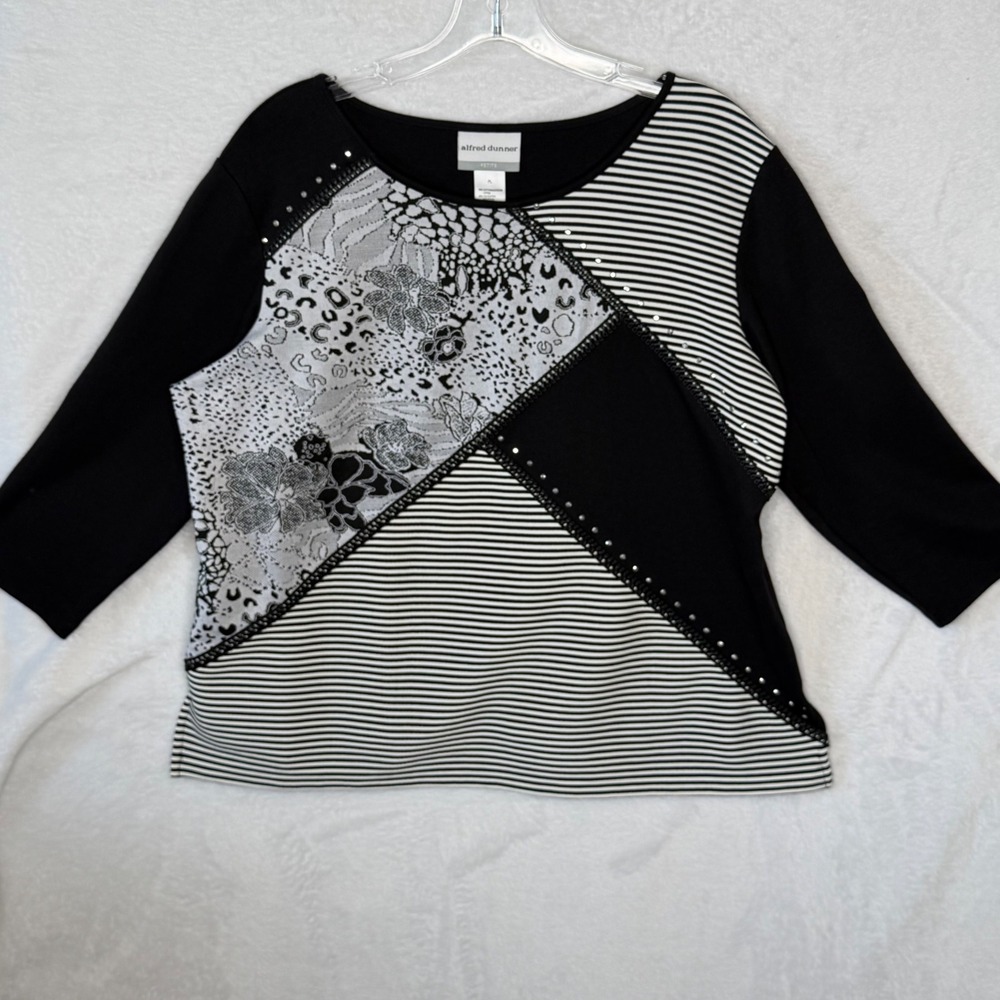 Alfred Dunner Women PL Black Mixed Media Patchwork Floral Striped 3/4 Sleeve Top